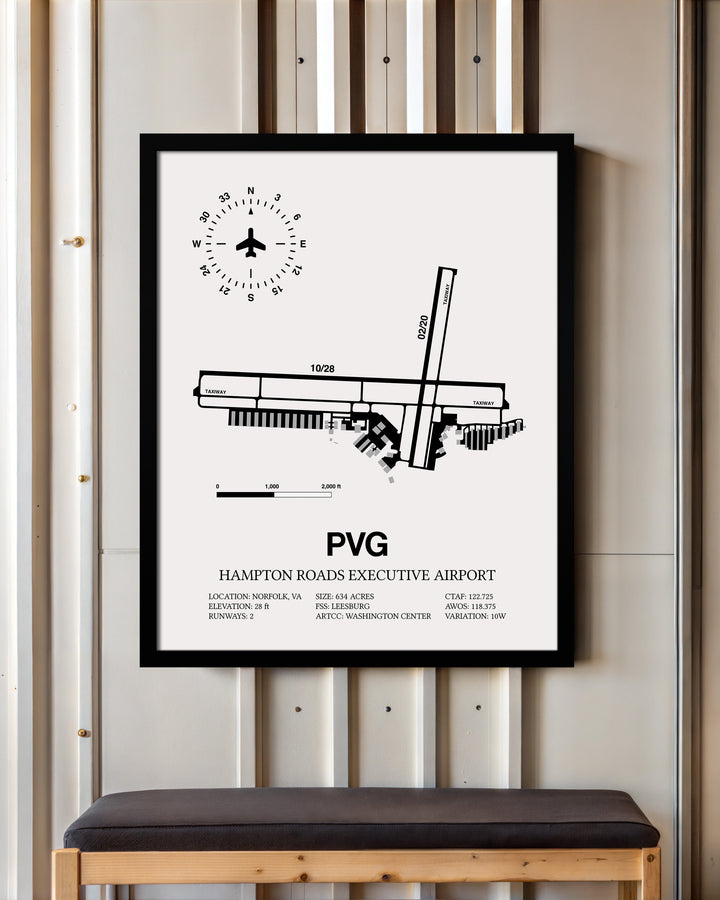 Framed Detailed Airport Map of Hampton Roads Executive Airport (PVG) in White with a Black Frame
