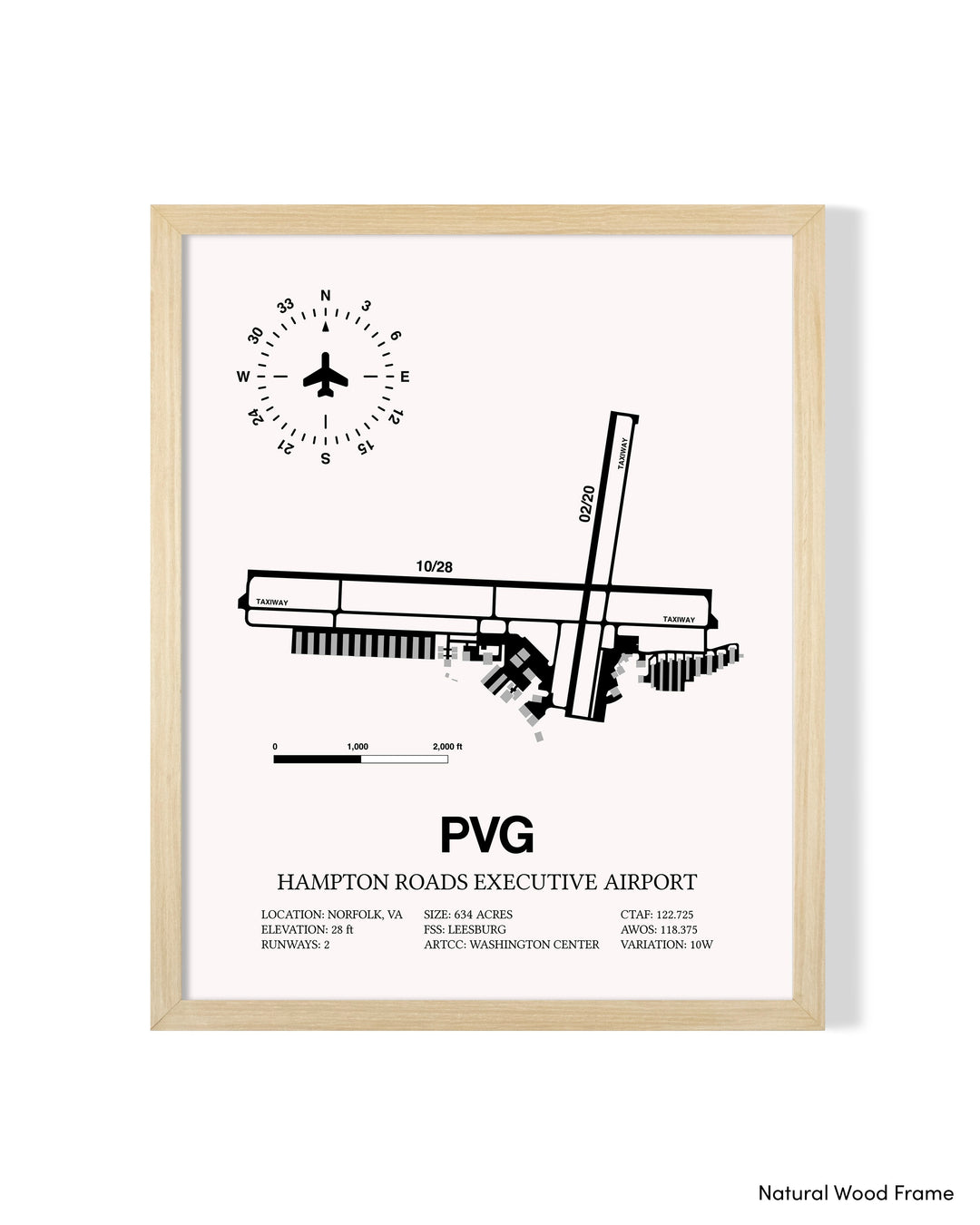 Detailed Airport Map of Hampton Roads Executive Airport (PVG) in White with a Natural Frame