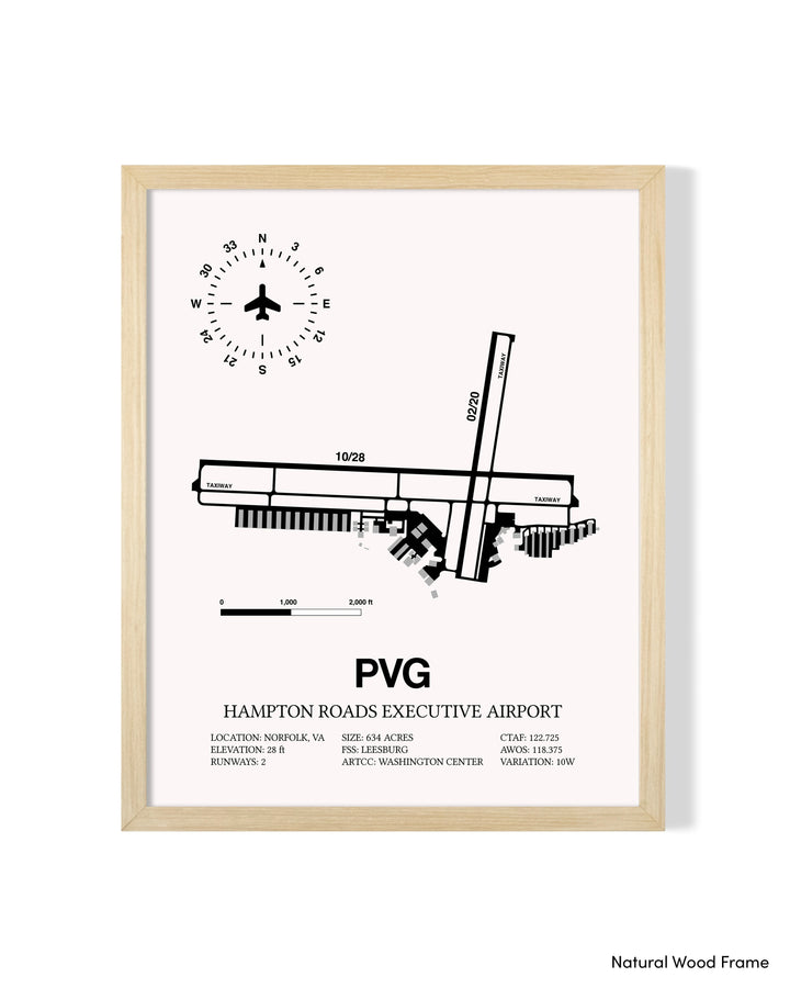Detailed Airport Map of Hampton Roads Executive Airport (PVG) in White with a Natural Frame
