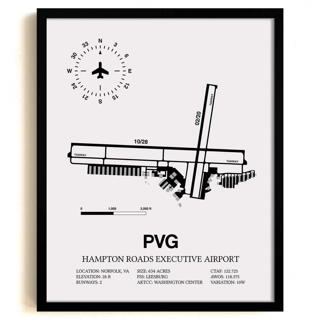 Framed Detailed Airport Map of Hampton Roads Executive Airport (PVG) in White with a Black Frame