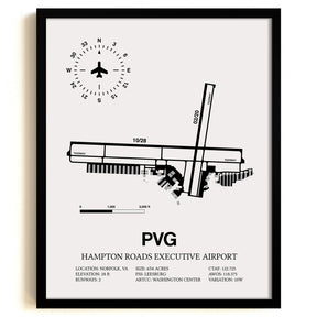 Framed Detailed Airport Map of Hampton Roads Executive Airport (PVG) in White with a Black Frame