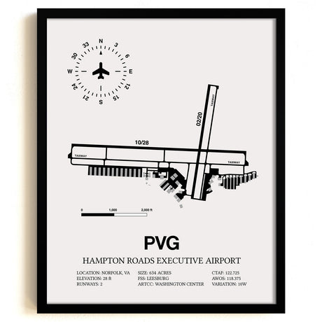 Framed Detailed Airport Map of Hampton Roads Executive Airport (PVG) in White with a Black Frame
