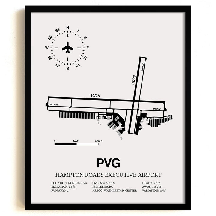 Framed Detailed Airport Map of Hampton Roads Executive Airport (PVG) in White with a Black Frame