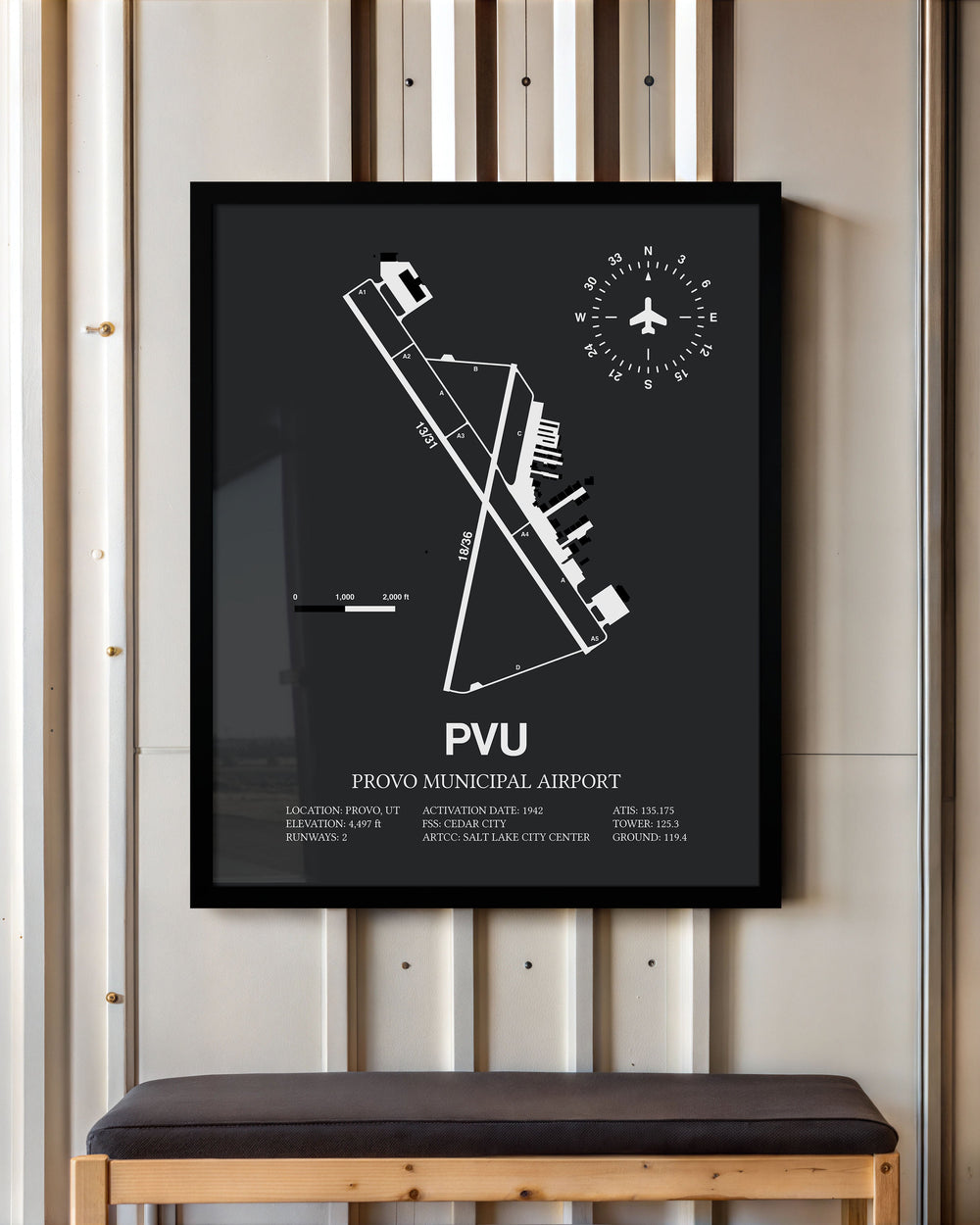 Framed Detailed Airport Map of Provo Municipal Airport (PVU) in Gray with a Black Frame