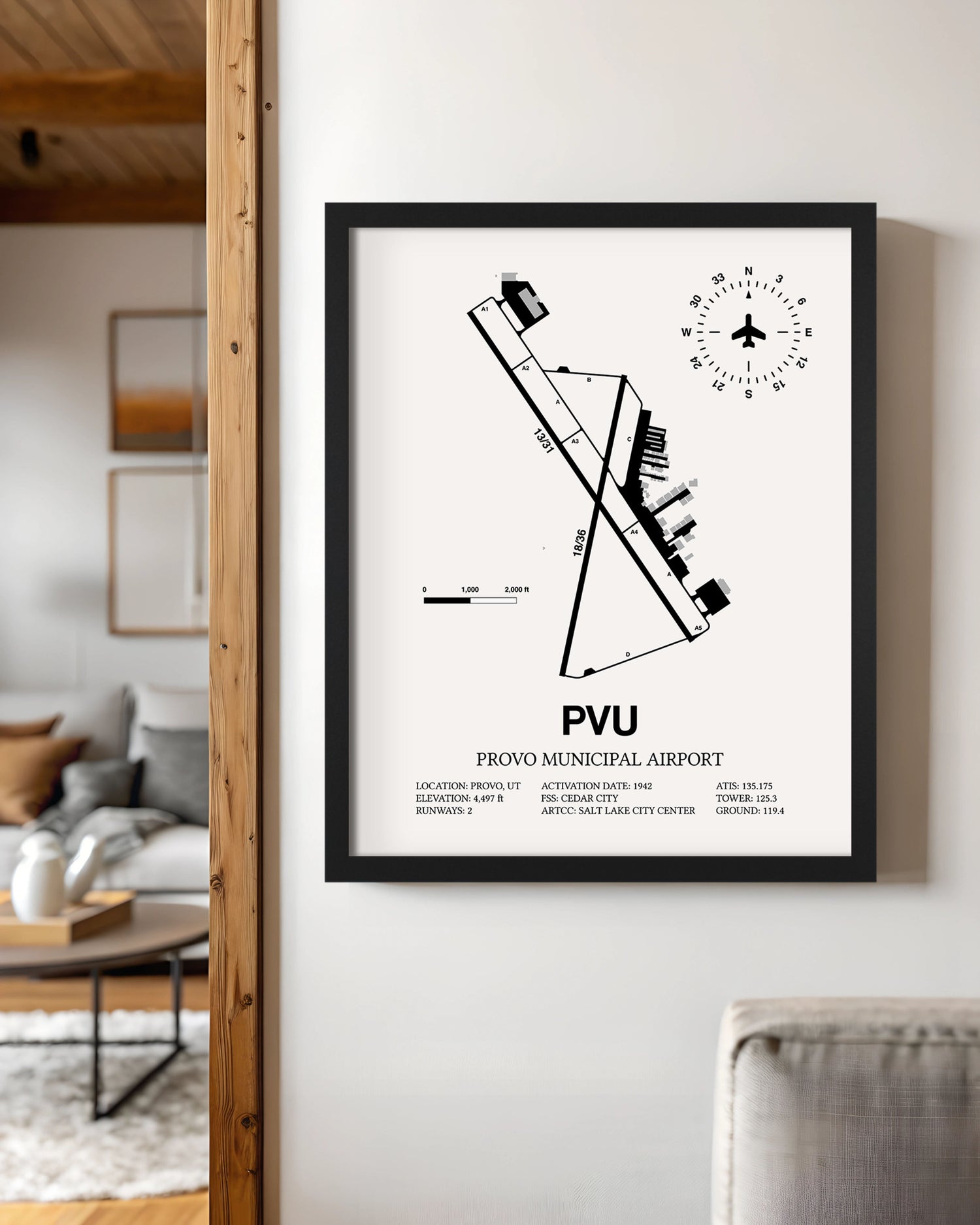 Framed Detailed Airport Map of Provo Municipal Airport (PVU) in White with a Black Frame
