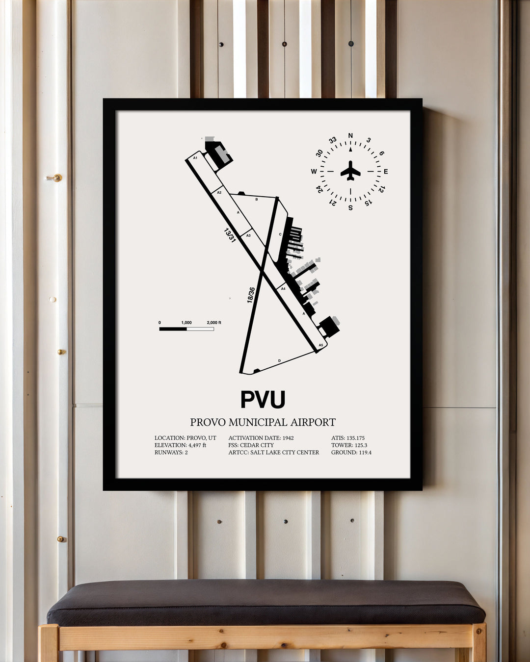 Framed Detailed Airport Map of Provo Municipal Airport (PVU) in White with a Black Frame