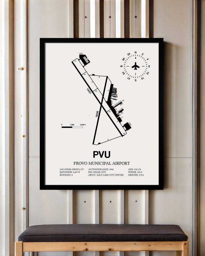 Framed Detailed Airport Map of Provo Municipal Airport (PVU) in White with a Black Frame
