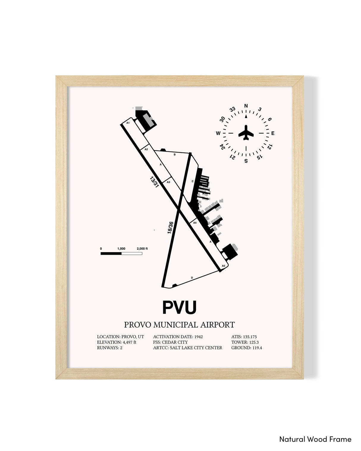 Detailed Airport Map of Provo Municipal Airport (PVU) in White with a Natural Frame