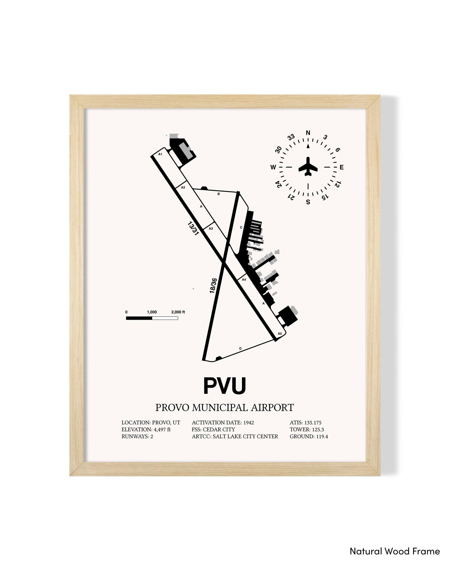 Detailed Airport Map of Provo Municipal Airport (PVU) in White with a Natural Frame