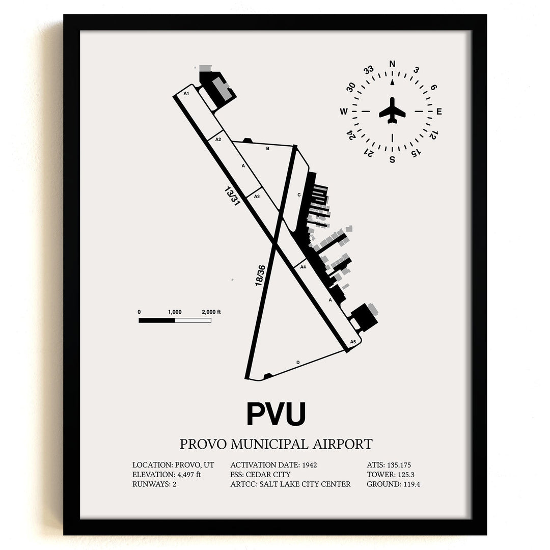 Framed Detailed Airport Map of Provo Municipal Airport (PVU) in White with a Black Frame