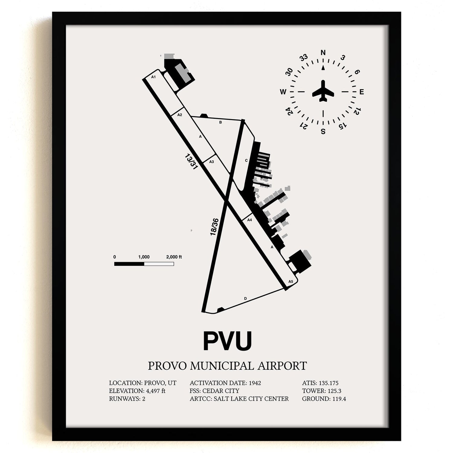 Framed Detailed Airport Map of Provo Municipal Airport (PVU) in White with a Black Frame