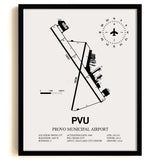 Framed Detailed Airport Map of Provo Municipal Airport (PVU) in White with a Black Frame