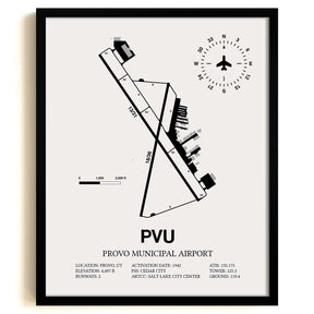 Framed Detailed Airport Map of Provo Municipal Airport (PVU) in White with a Black Frame