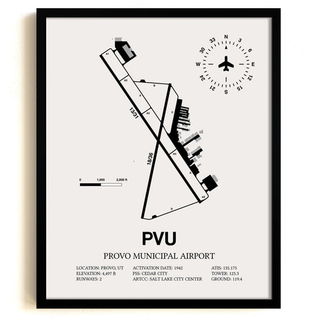 Framed Detailed Airport Map of Provo Municipal Airport (PVU) in White with a Black Frame