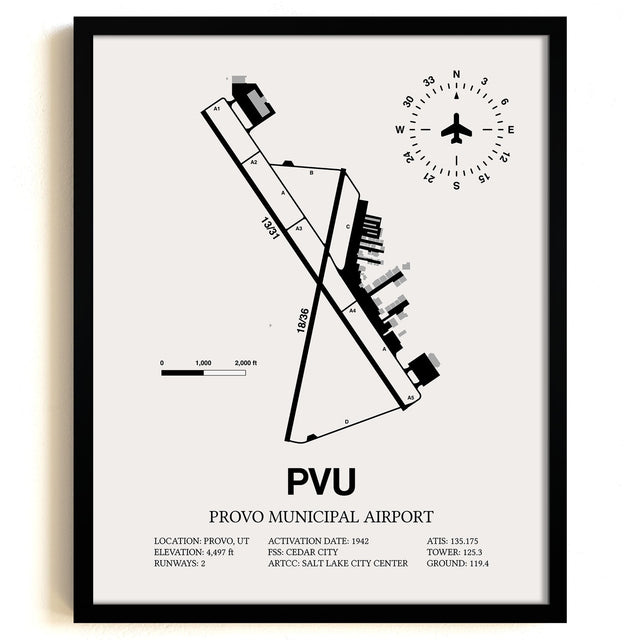 Framed Detailed Airport Map of Provo Municipal Airport (PVU) in White with a Black Frame