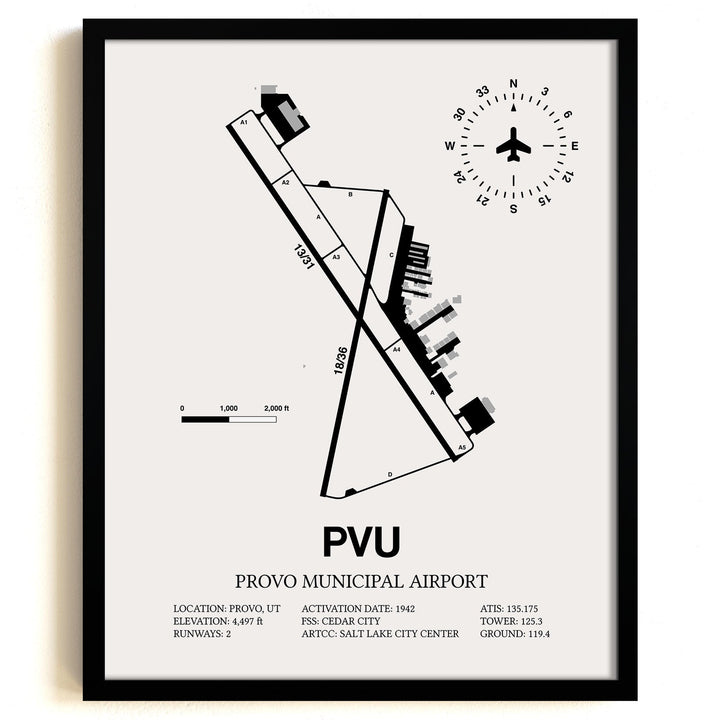 Framed Detailed Airport Map of Provo Municipal Airport (PVU) in White with a Black Frame
