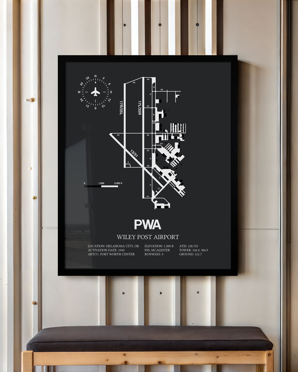 Framed Detailed Airport Map of Wiley Post Airport (PWA) in Gray with a Black Frame