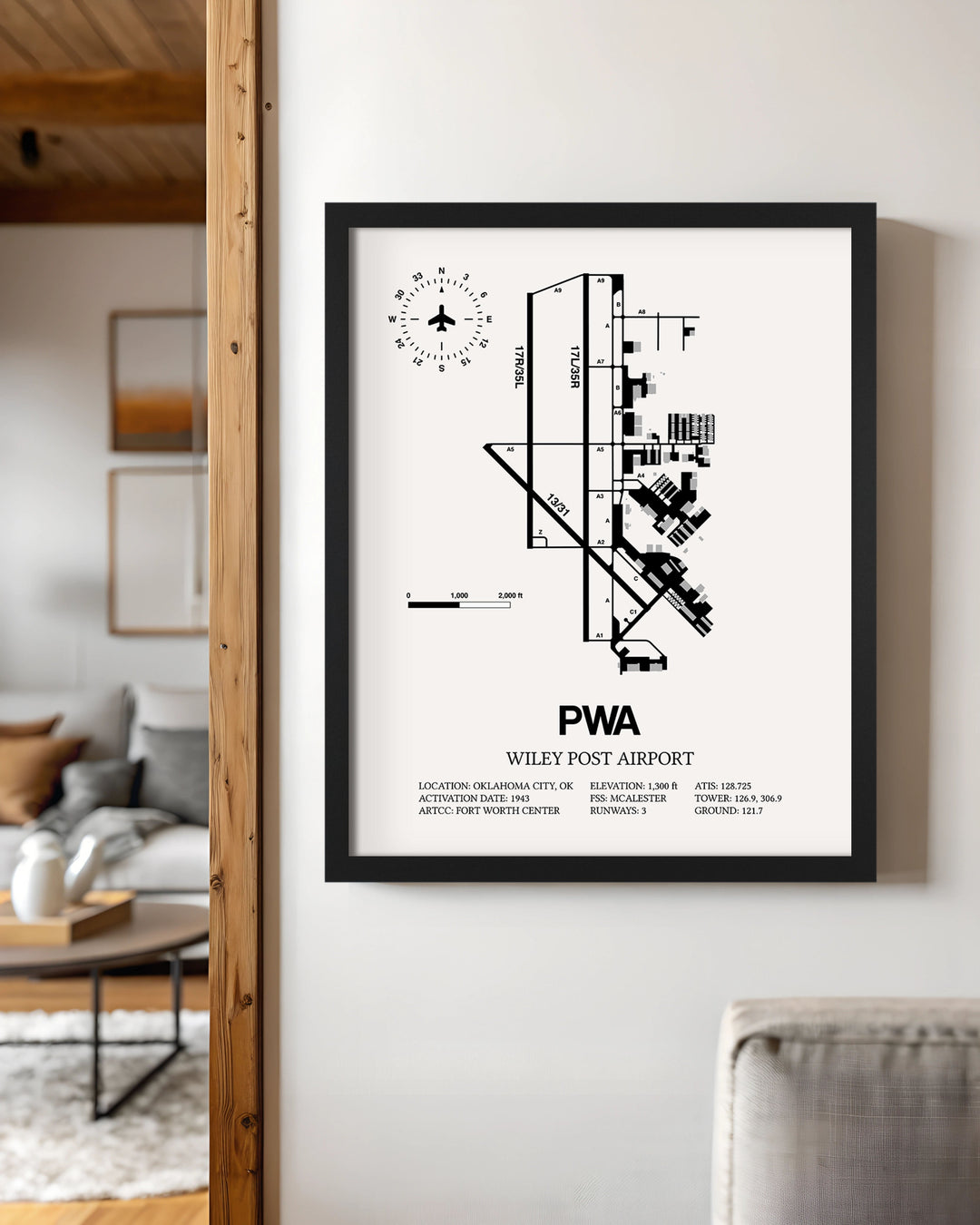 Framed Detailed Airport Map of Wiley Post Airport (PWA) in White with a Black Frame