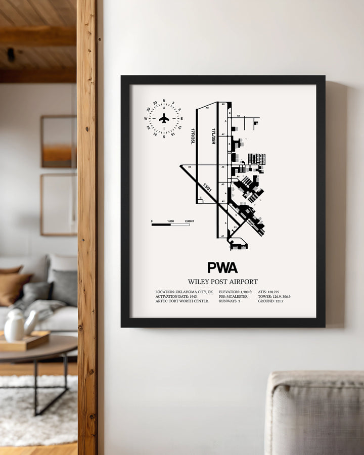 Framed Detailed Airport Map of Wiley Post Airport (PWA) in White with a Black Frame