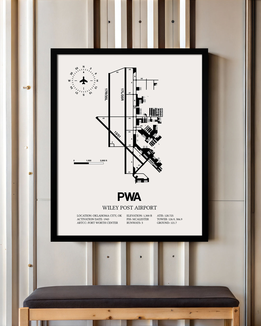 Framed Detailed Airport Map of Wiley Post Airport (PWA) in White with a Black Frame