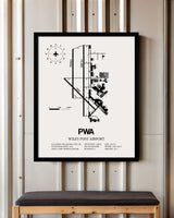 Framed Detailed Airport Map of Wiley Post Airport (PWA) in White with a Black Frame