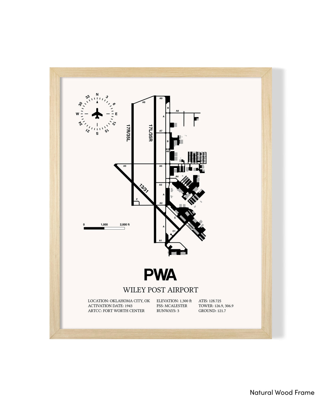 Detailed Airport Map of Wiley Post Airport (PWA) in White with a Natural Frame