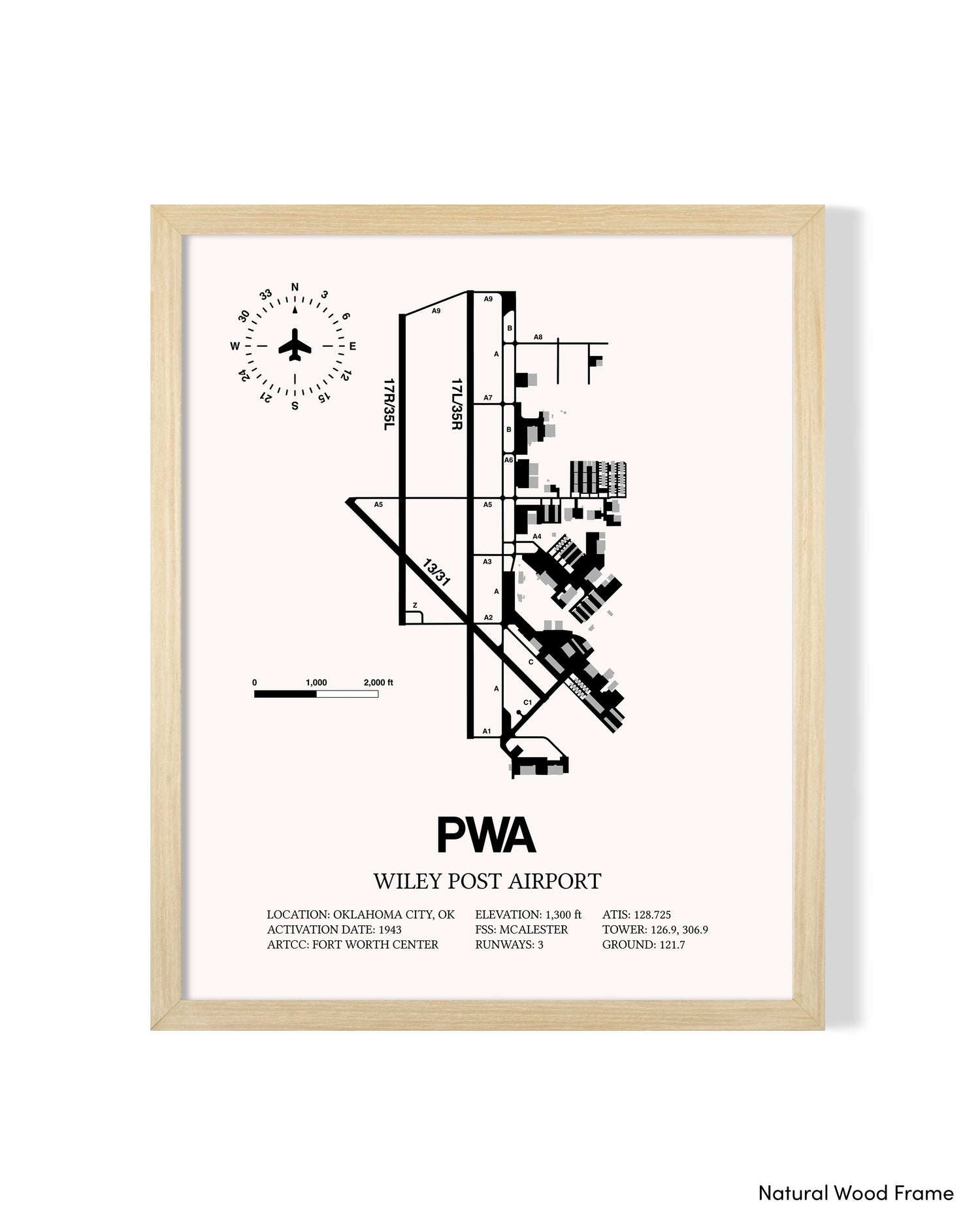 Detailed Airport Map of Wiley Post Airport (PWA) in White with a Natural Frame