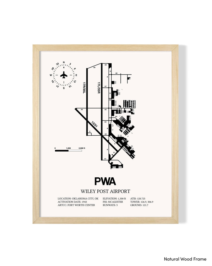 Detailed Airport Map of Wiley Post Airport (PWA) in White with a Natural Frame
