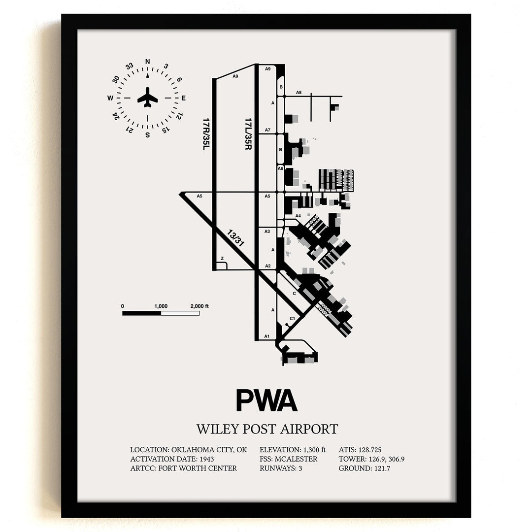 Framed Detailed Airport Map of Wiley Post Airport (PWA) in White with a Black Frame