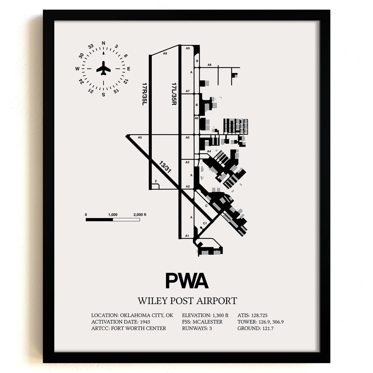 Framed Detailed Airport Map of Wiley Post Airport (PWA) in White with a Black Frame