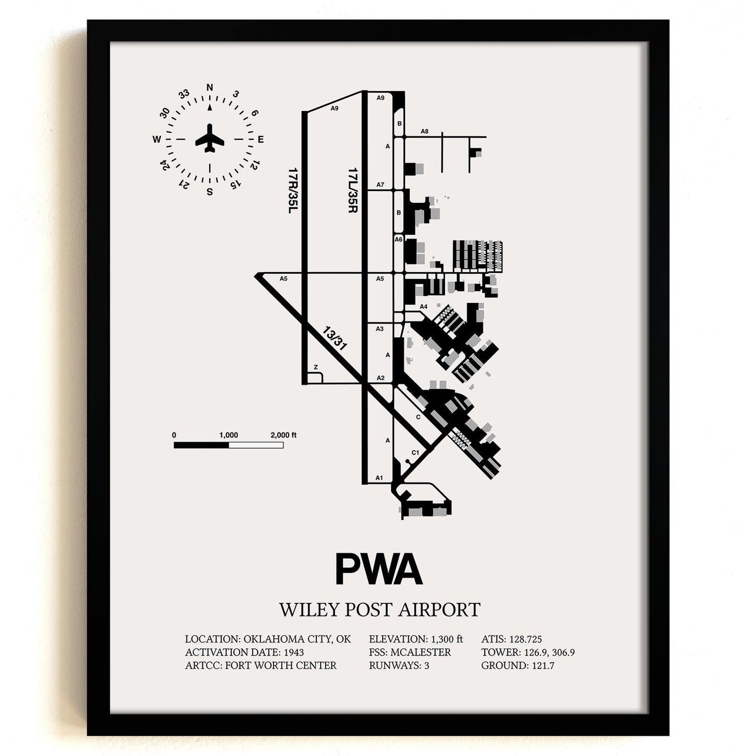 Framed Detailed Airport Map of Wiley Post Airport (PWA) in White with a Black Frame