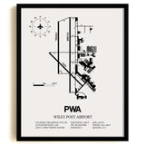 Framed Detailed Airport Map of Wiley Post Airport (PWA) in White with a Black Frame