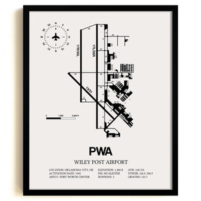Framed Detailed Airport Map of Wiley Post Airport (PWA) in White with a Black Frame