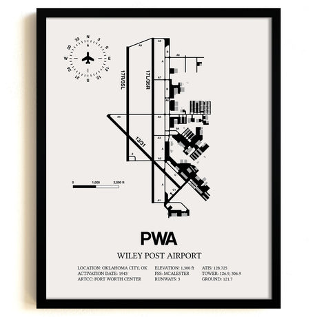 Framed Detailed Airport Map of Wiley Post Airport (PWA) in White with a Black Frame