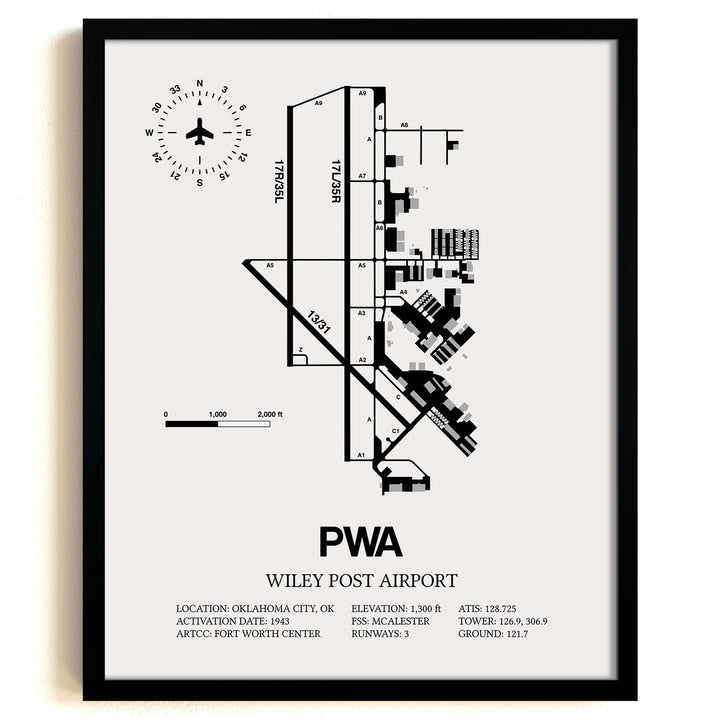 Framed Detailed Airport Map of Wiley Post Airport (PWA) in White with a Black Frame