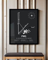 Framed Detailed Airport Map of McGregor Executive Airport (PWG) in Gray with a Black Frame