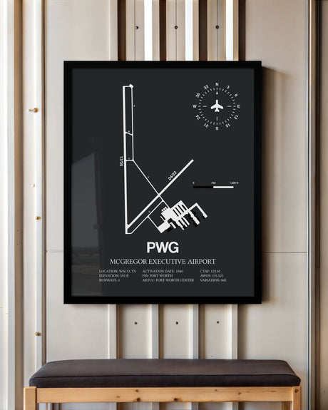 Framed Detailed Airport Map of McGregor Executive Airport (PWG) in Gray with a Black Frame
