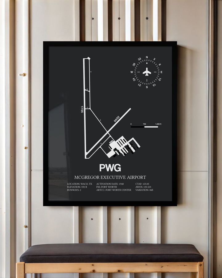 Framed Detailed Airport Map of McGregor Executive Airport (PWG) in Gray with a Black Frame