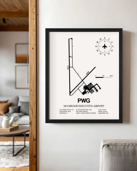 Framed Detailed Airport Map of McGregor Executive Airport (PWG) in White with a Black Frame