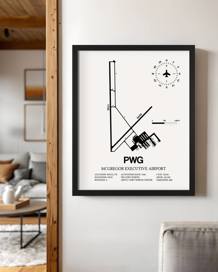 Framed Detailed Airport Map of McGregor Executive Airport (PWG) in White with a Black Frame