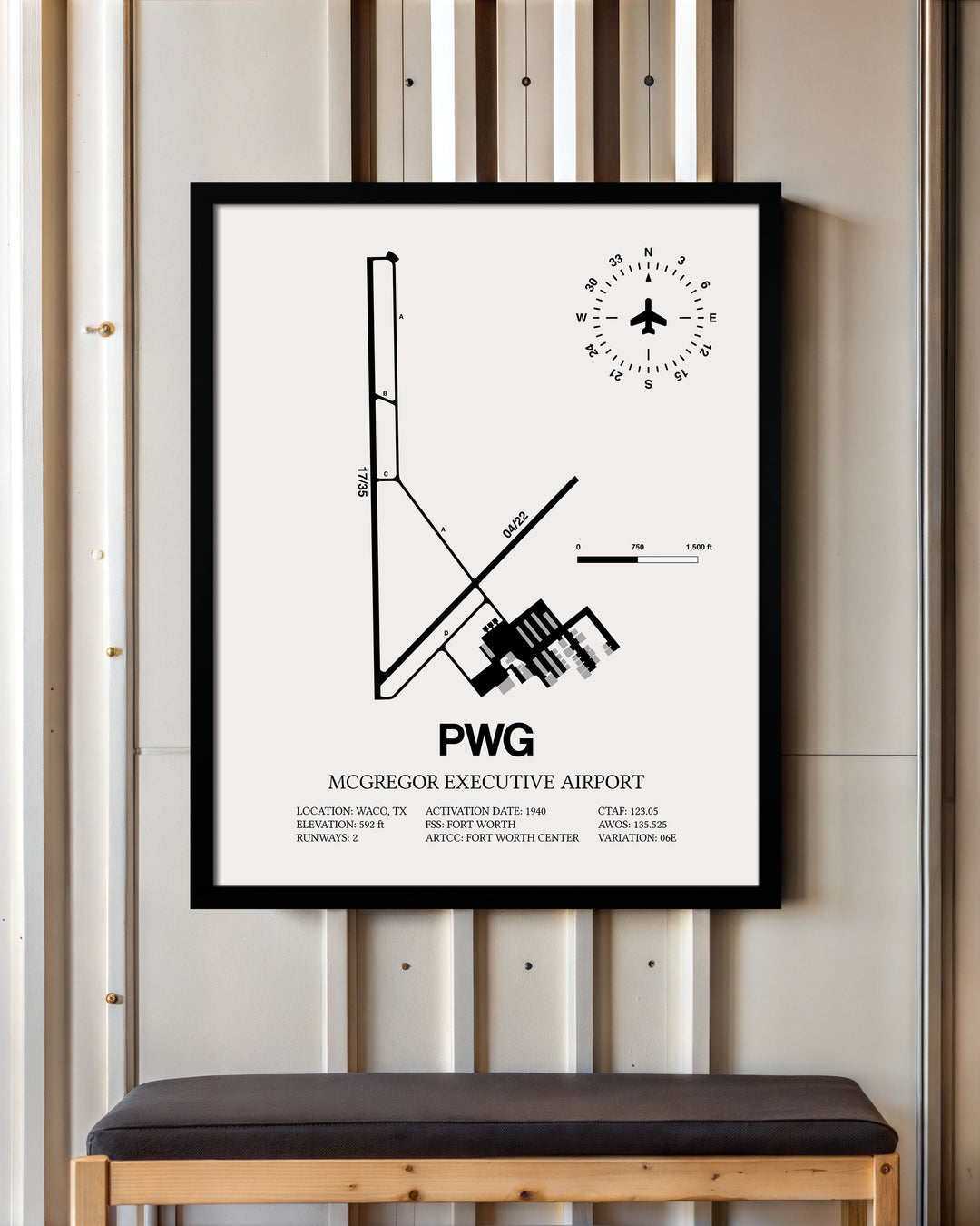Framed Detailed Airport Map of McGregor Executive Airport (PWG) in White with a Black Frame