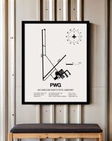 Framed Detailed Airport Map of McGregor Executive Airport (PWG) in White with a Black Frame