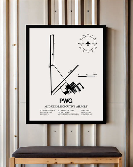 Framed Detailed Airport Map of McGregor Executive Airport (PWG) in White with a Black Frame