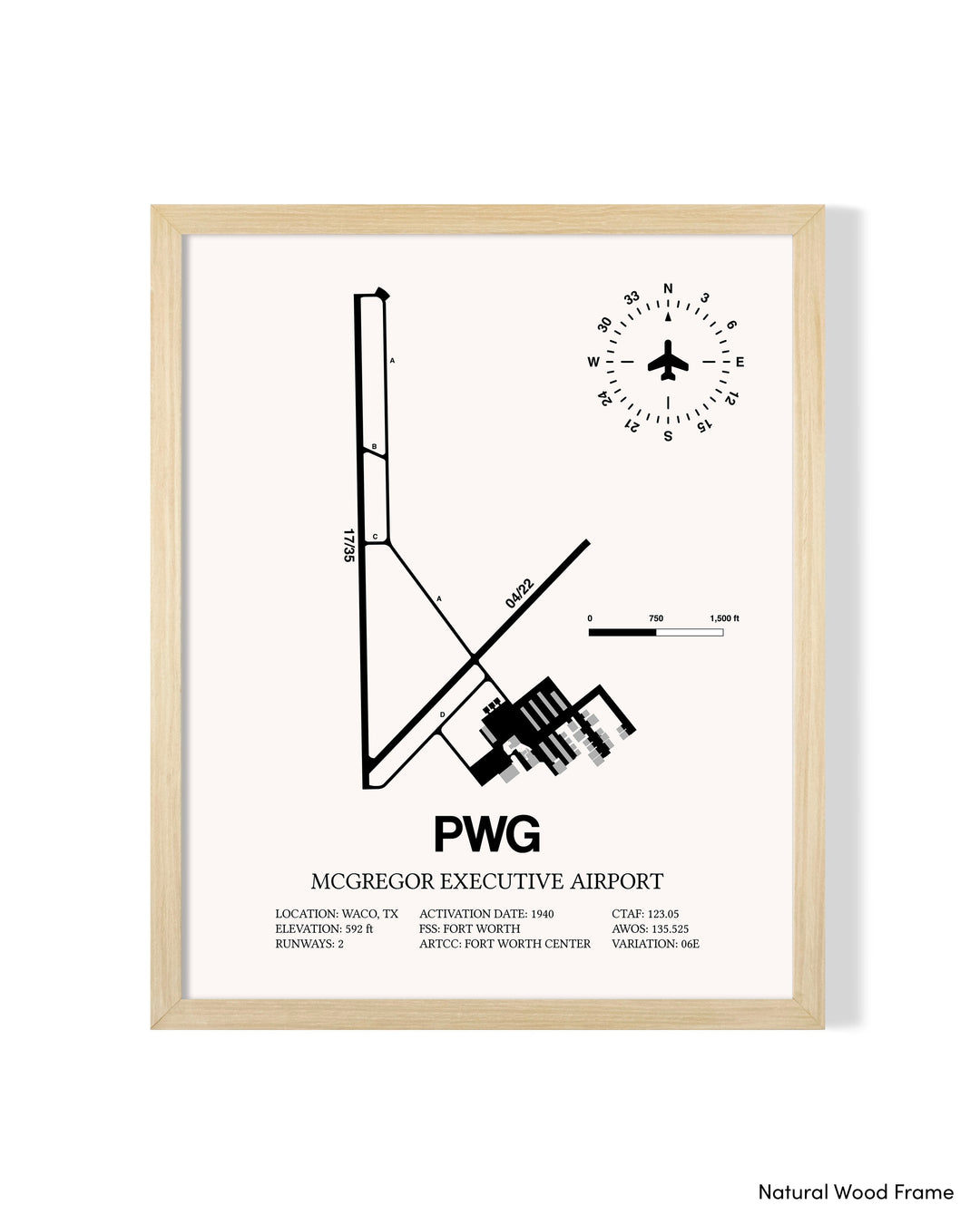 Detailed Airport Map of McGregor Executive Airport (PWG) in White with a Natural Frame