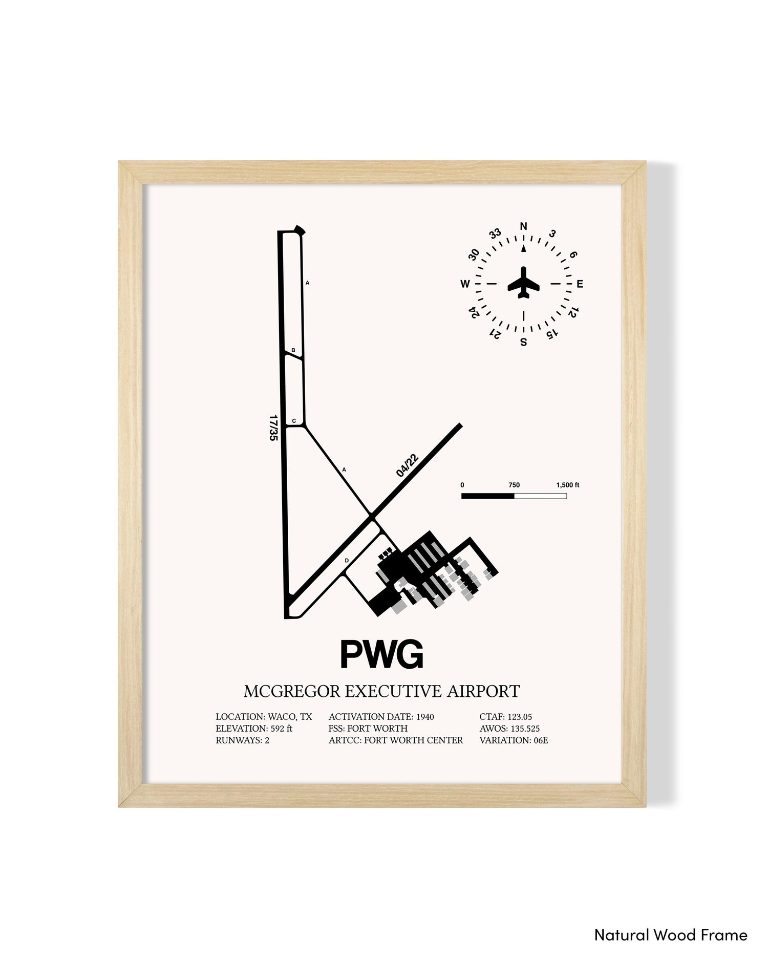 Detailed Airport Map of McGregor Executive Airport (PWG) in White with a Natural Frame