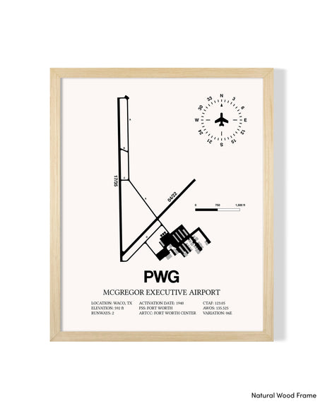Detailed Airport Map of McGregor Executive Airport (PWG) in White with a Natural Frame