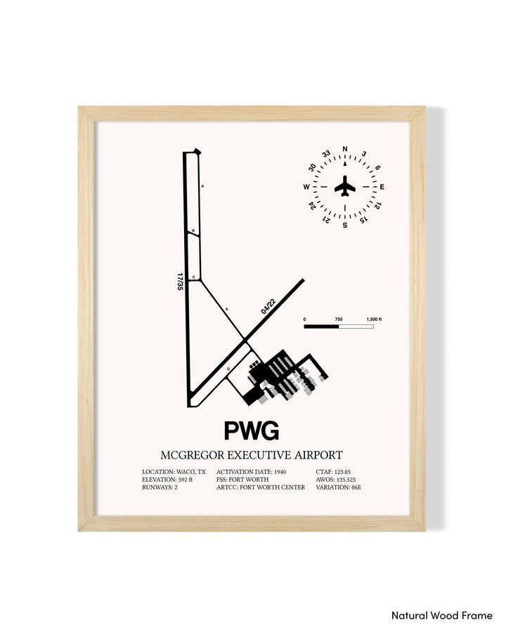 Detailed Airport Map of McGregor Executive Airport (PWG) in White with a Natural Frame