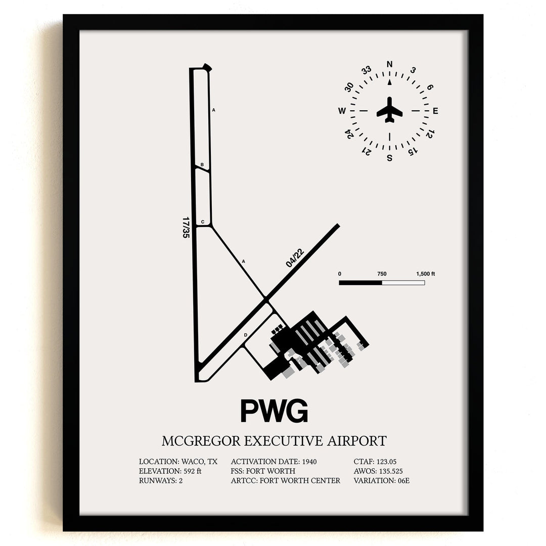 Framed Detailed Airport Map of McGregor Executive Airport (PWG) in White with a Black Frame
