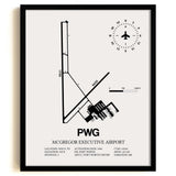 Framed Detailed Airport Map of McGregor Executive Airport (PWG) in White with a Black Frame