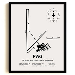 Framed Detailed Airport Map of McGregor Executive Airport (PWG) in White with a Black Frame